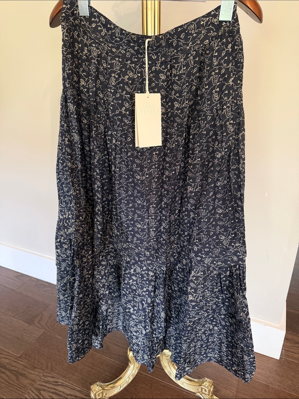 Ulla Johnson Navy and White Floral Tiered Midi Skirt